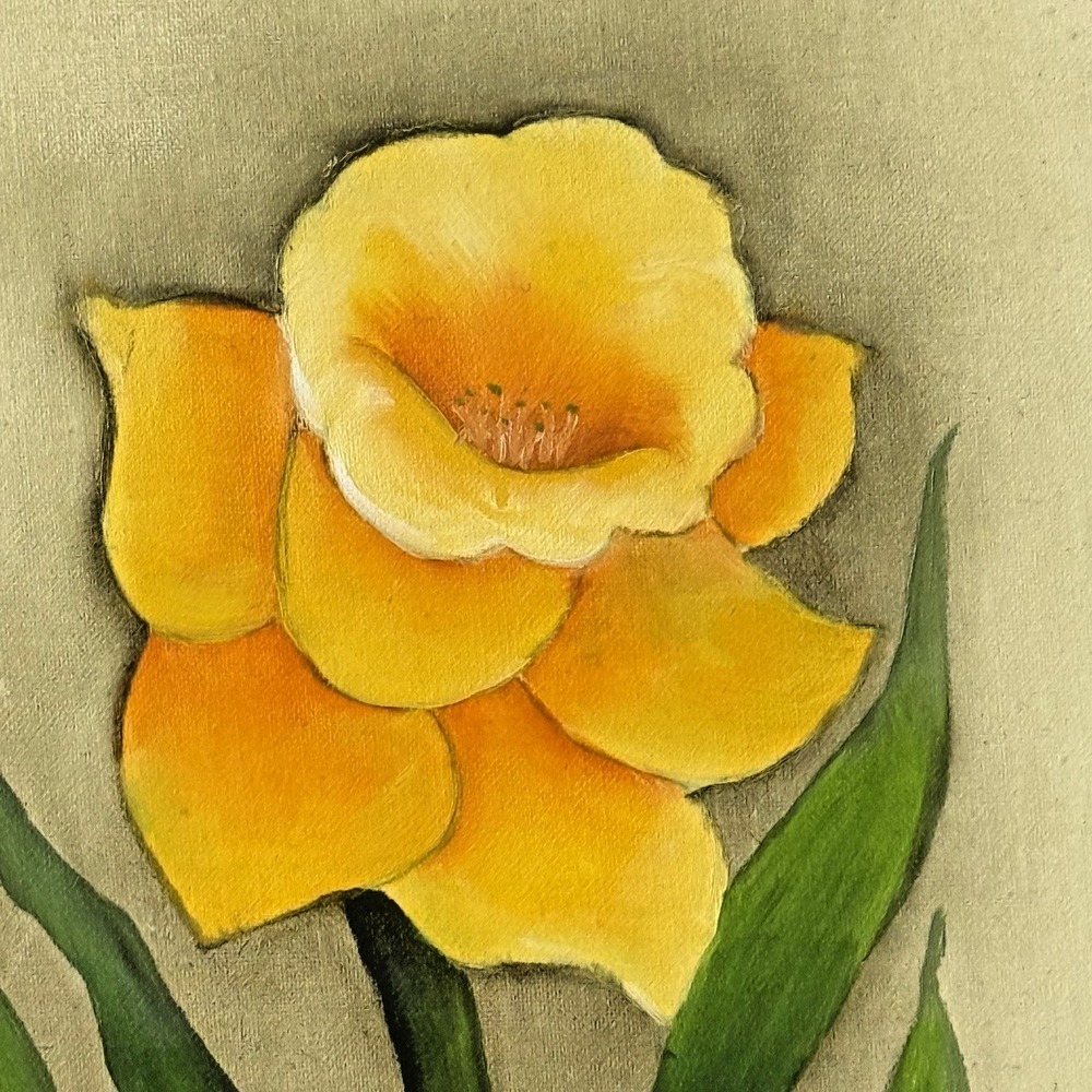 Hand-Painted Yellow Daffodil Floral Round Canvas Art Cottagecore Grannycore - Picture 2 of 6